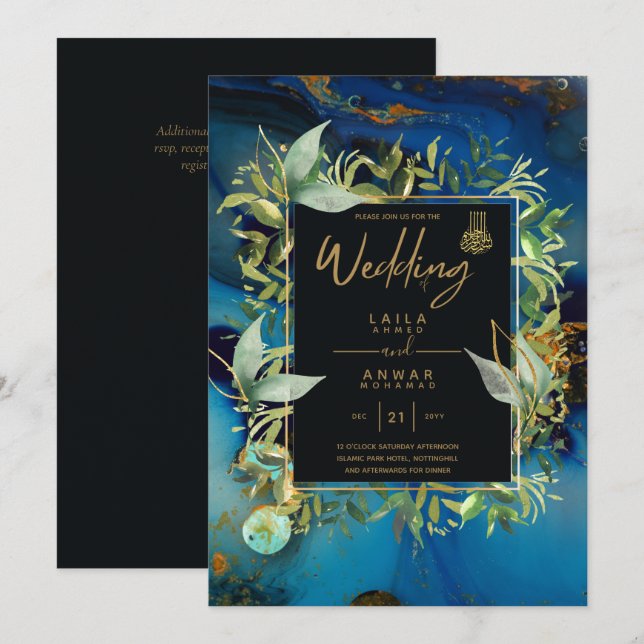 NIKAH - Invitations de mariage islamique d'or bleu (Devant / Derrière)