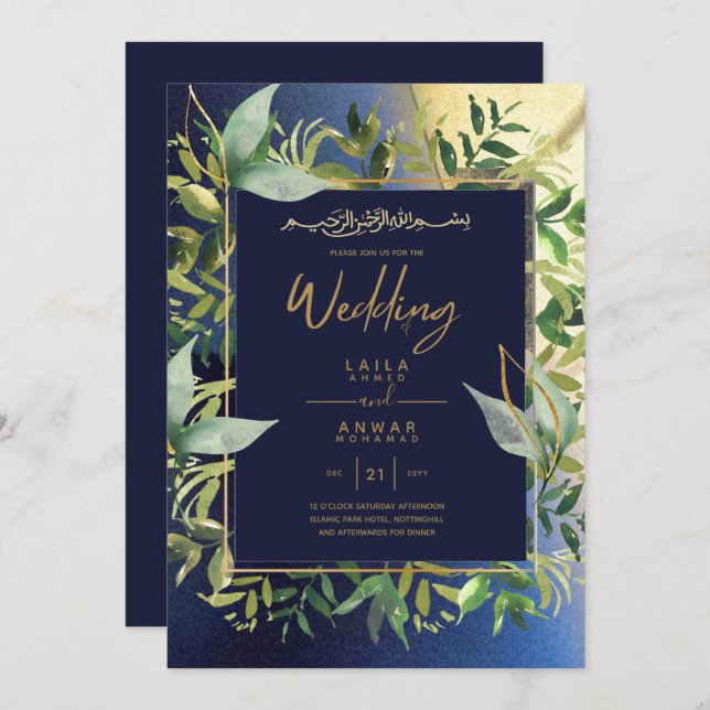 NIKAH - Invitations de mariage islamique d'or bleu (Devant / Derrière)
