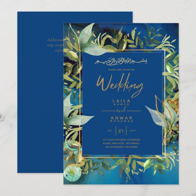 NIKAH - Invitations de mariage islamique d'or bleu (Devant / Derrière)