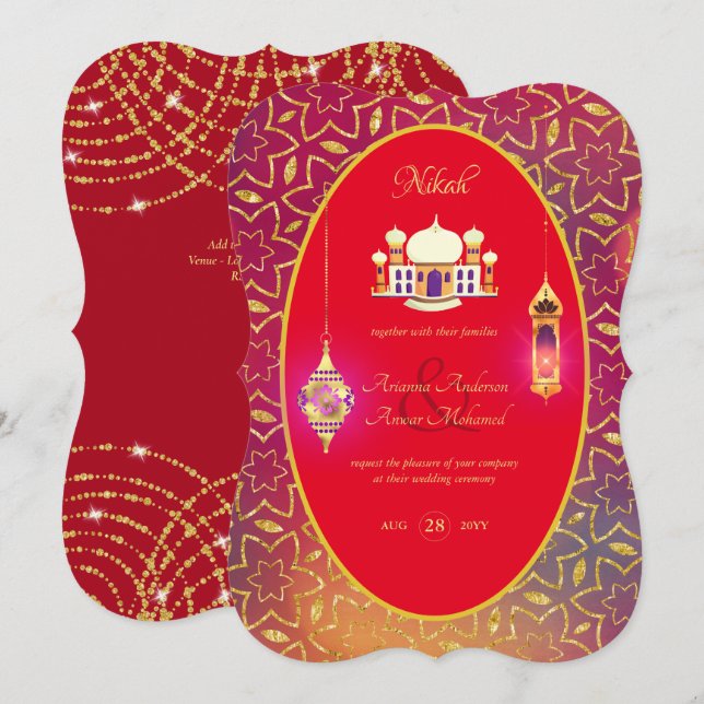 NIKAH - Mosquée Ornée Faire-part de mariage Rouge  (Devant / Derrière)