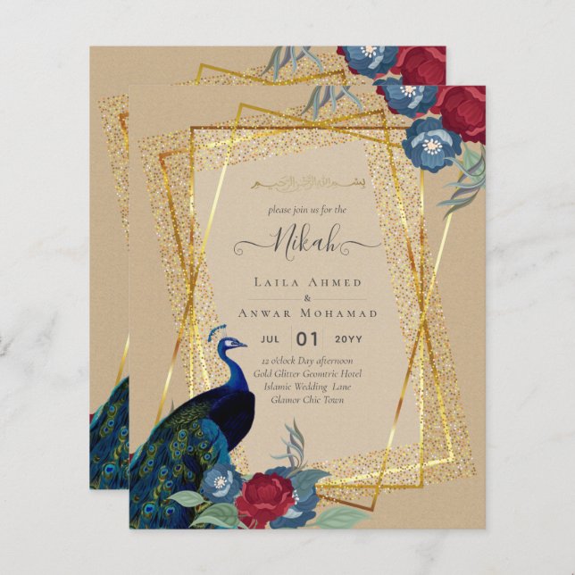 NIKAH Peacock Floral Gold Frame Mariage islamique (Devant / Derrière)