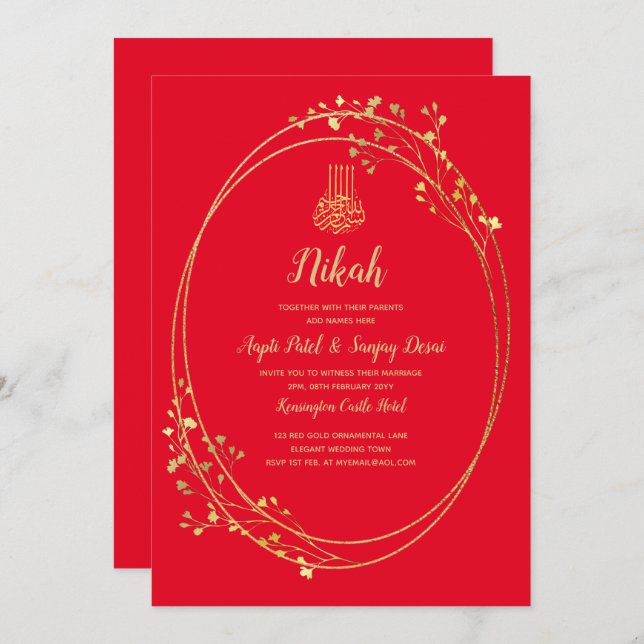 Nikah Red Gold Islam Motif Mariage Invitation (Devant / Derrière)