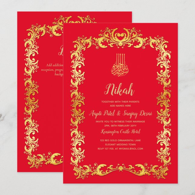 Nikah Red Gold Islam Motif Mariage Invitation (Devant / Derrière)