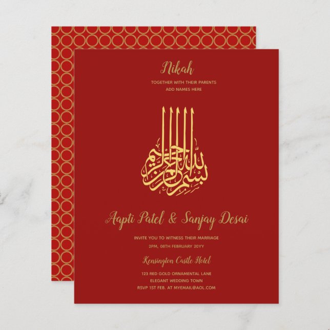 Nikah - Red Gold Islam Motif Mariage Invite (Devant / Derrière)