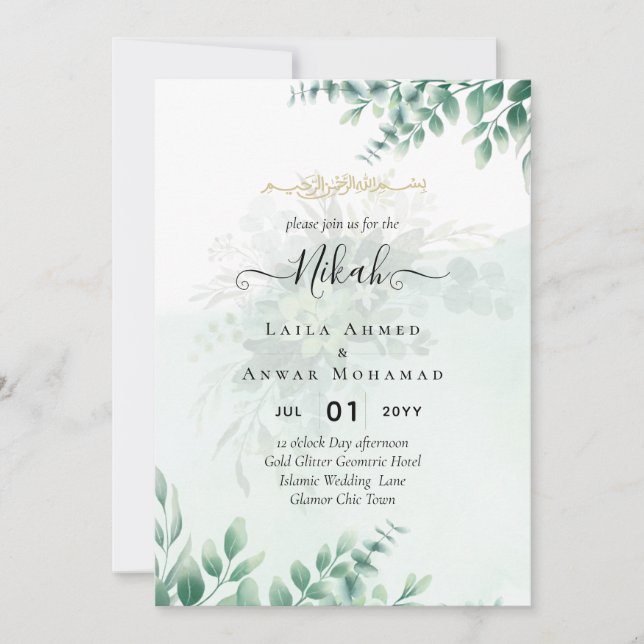 Nikah Walima GREENERY FAIRE-PART DE MARIAGE islami (Devant)