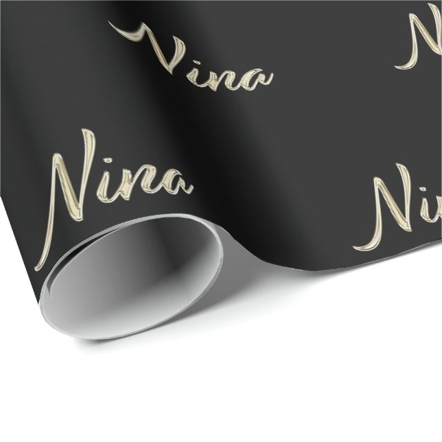 Nina papier cadeau en écriture manuscrite or blanc (Coin rond)