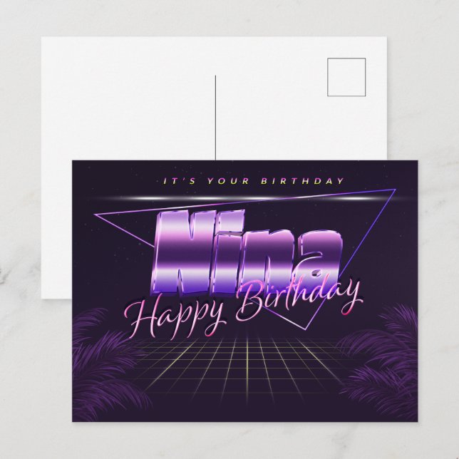 Nina prénom carte postale violette anniversaire (Devant / Derrière)