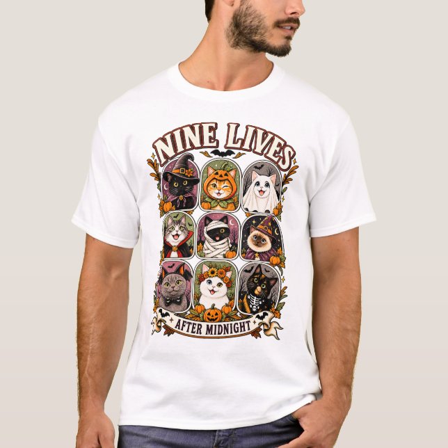 Nine Lives After Midnight Halloween Cats T-Shirt (Devant)