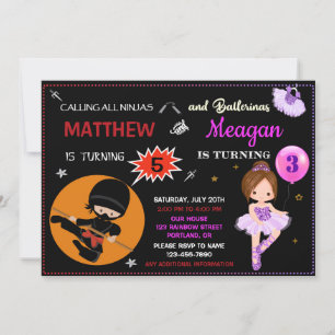 Ninja et ballerine invitation anniversaire Deux th