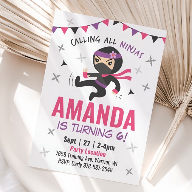 Ninja Invitation d'anniversaire fille, karaté rose (Girl Ninja Birthday Invitation)