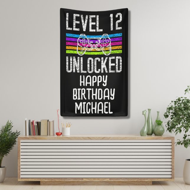 Niveau 12 Déverrouillé 12e bannière anniversaire (Level up your gamer's 12th birthday with this fun game controller banner. )