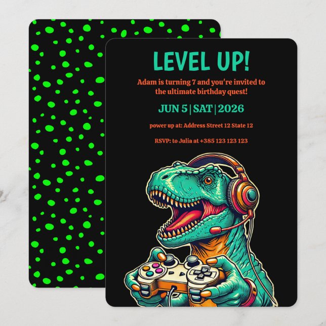 Niveau Up T-Rex Boy's Birthday Party Invitation (Devant / Derrière)