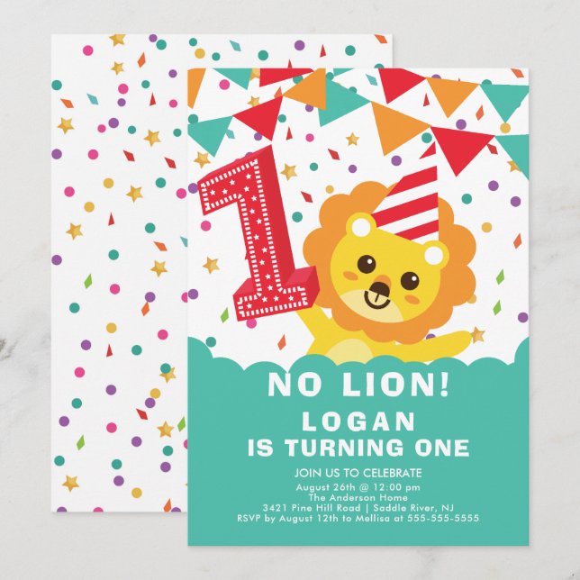 No Lion 1er Anniversaire Invitation (Devant / Derrière)
