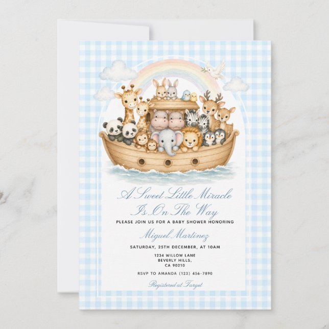 Noah’s Ark Baby Shower Invitation Boy Gingham (Devant)