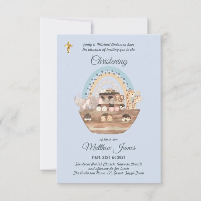 Noah's Ark Blue Boys Christening Invitation Baptêm (Devant)