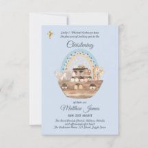 Noah's Ark Blue Boys Christening Invitation Baptêm