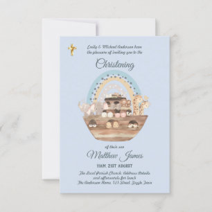 Noah's Ark Blue Boys Christening Invitation Baptêm
