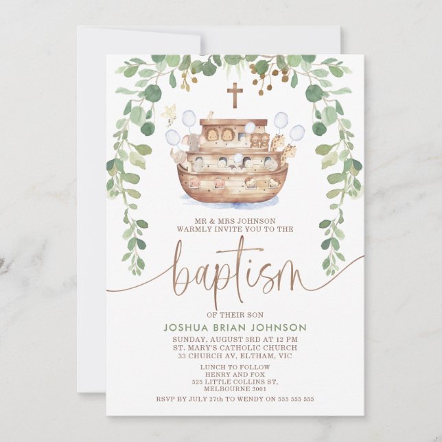 Noah's Ark Foliage Boys Baptême Invitation (Devant)