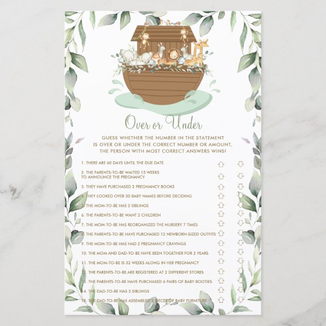 Noah's Ark Greenery Over or Under Baby shower Game (Devant)