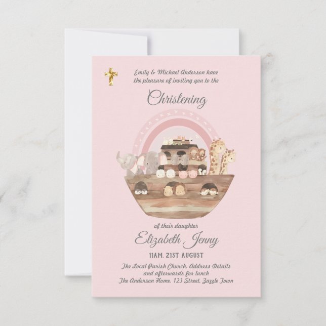 Noah's Ark Pink Girls Christening Invitation Baptê (Devant)