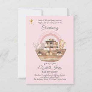 Noah's Ark Pink Girls Christening Invitation Baptê