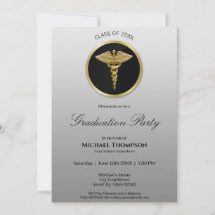 Noble Gold Caduceus Médicale Graduation Invitation