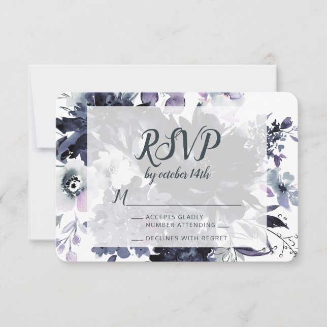 Nocturne Floral Dusty Blue Wedding Réponse RSVP (Devant)