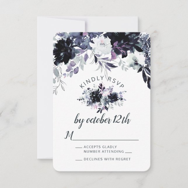 Nocturne Floral Dusty Blue Wedding RSVP Réponse (Devant)