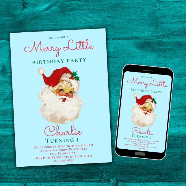 Noël Anniversaire Invitation Bleu Vintage Père Noë (Créateur téléchargé)