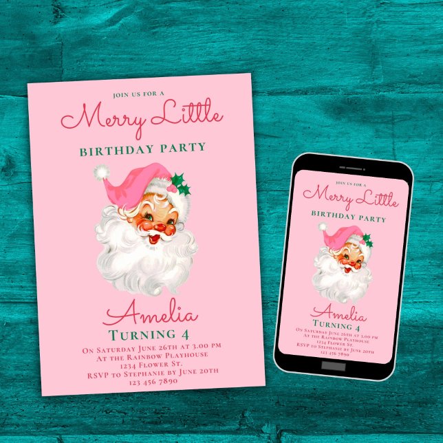 Noël Anniversaire Invitation Pink Vintage Père Noë (Créateur téléchargé)