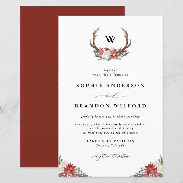 Noël Antler Wreath Hiver Mariage Invitation (Devant / Derrière)