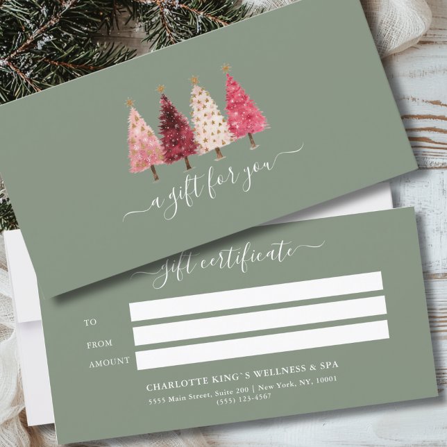 Noël Arbre rouge rose vert certificat cadeau (Custom Whimsical Red Pink Green Business Salon Gift Certificate)