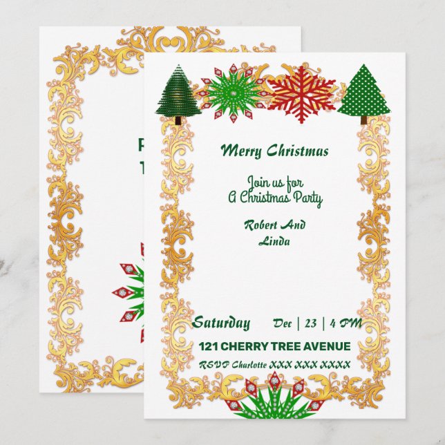 Noël Arbres Snowflakes Gold Frame Invitation (Devant / Derrière)