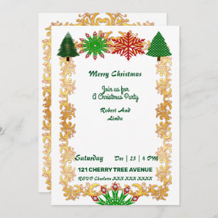 Noël Arbres Snowflakes Gold Frame Invitation