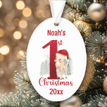 Noël au Père Noël<br><div class="desc">Premier ornement de Noël avec un cerf de Noël mignon avec chapeau de Père Noël et grand rouge numéro un. Personnalisez facilement le texte. - Kate Eden Art</div>