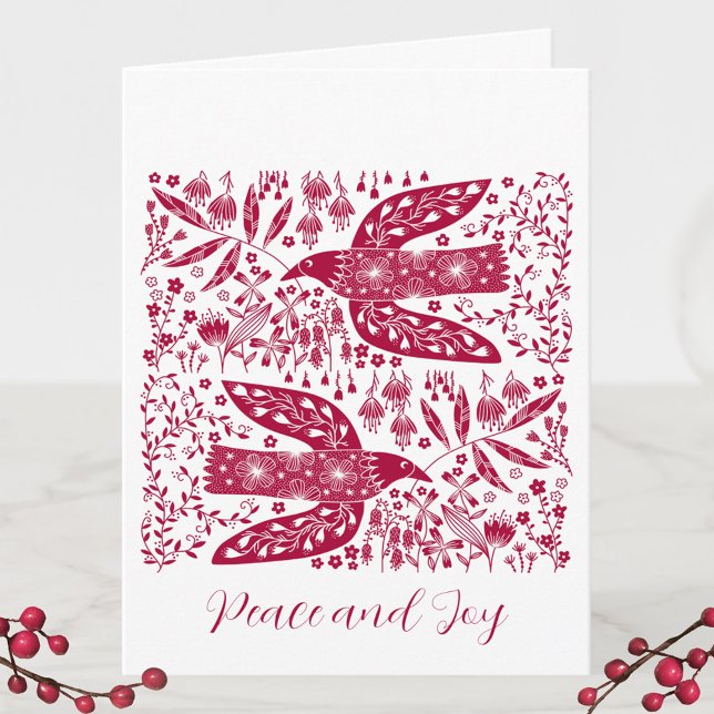 Noël aux oiseaux rouges (Peace doves red and white bird and flower Holiday card)