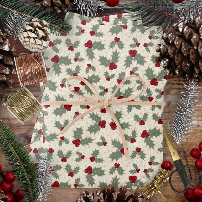 Noël - Baies et Feuilles de Houx (Christmas - Holly Berries and Leaves Wrapping Paper Sheets by Leapfroglisics Shop)
