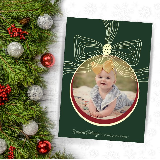 Noël Bauble & Bow Green Red Carte photo (Créateur téléchargé)