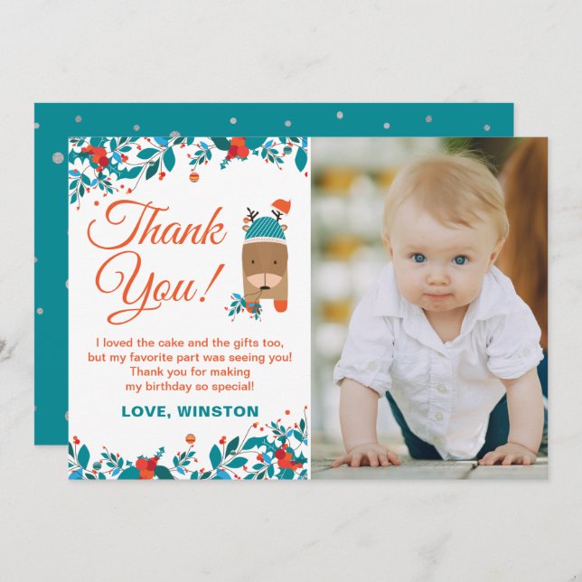 Noël Bleu Cerf Anniversaire Merci Carte photo (Devant / Derrière)