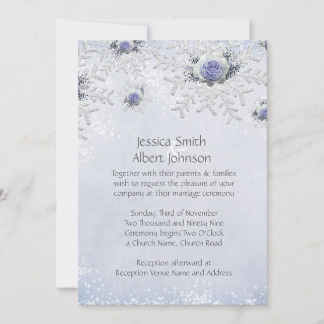 Noël Blue Roses Snowflakes Mariage Invitation (Devant)