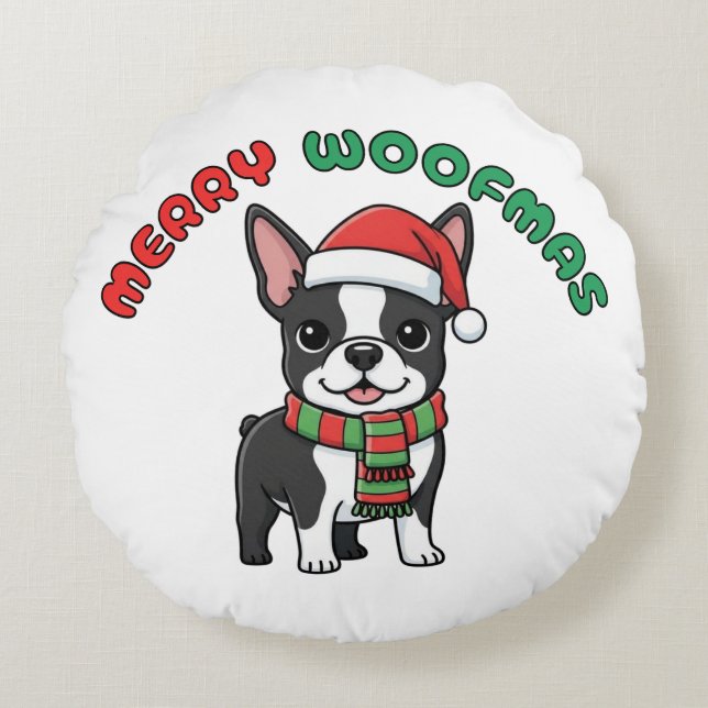 Noël Boston Terrier Coussin : Joyeux Woofmas (Devant)