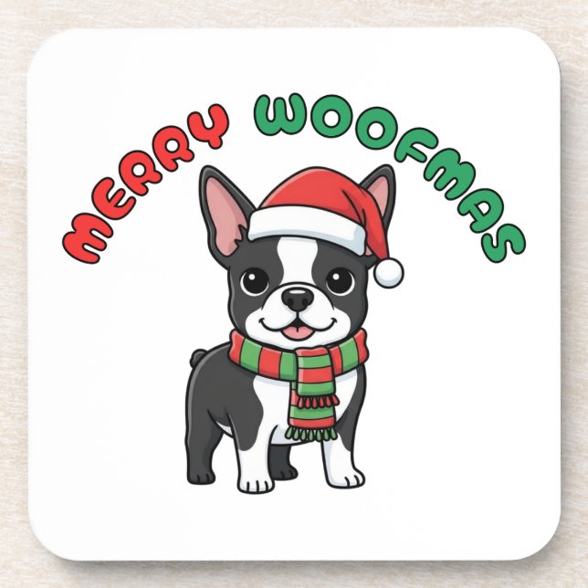 Noël Boston Terrier Dessous de verre : Joyeux Woof (Devant)