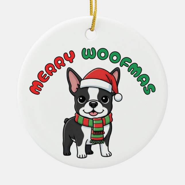 Noël Boston Terrier Ornement : Joyeux Woofmas (Devant)