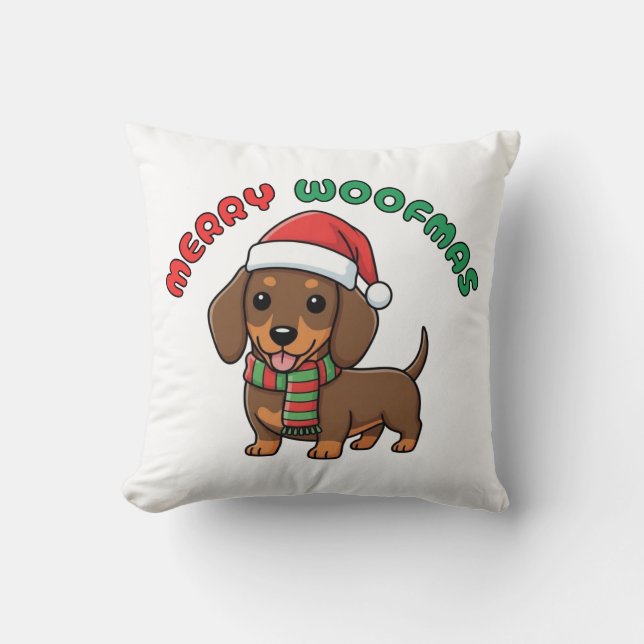 Noël Brown Dachshund Coussin : Joyeux Woofmas (Recto)