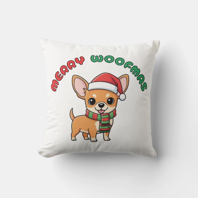 Noël Chihuahua Coussin : Joyeux Woofmas (Recto)