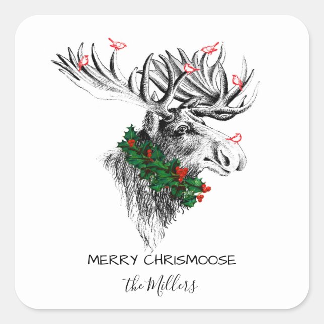 Noël Chrismoose Moose Birds et Holly Sticker (Devant)