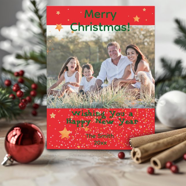 Noël confetti or vert photo rouge carte postale (Créateur téléchargé)