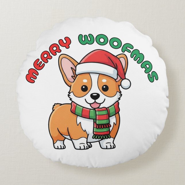 Noël Corgi Coussin rond : Joyeux Woofmas (Devant)