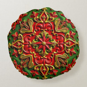 NOËL ~ Coussin rond ~ or vert rouge