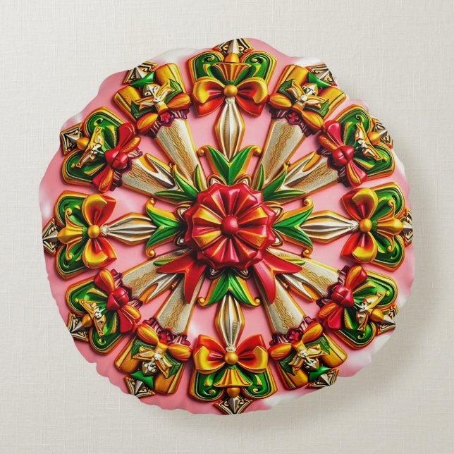 NOËL ~ Coussin rond ~ rouge vert or jaune (Dos)